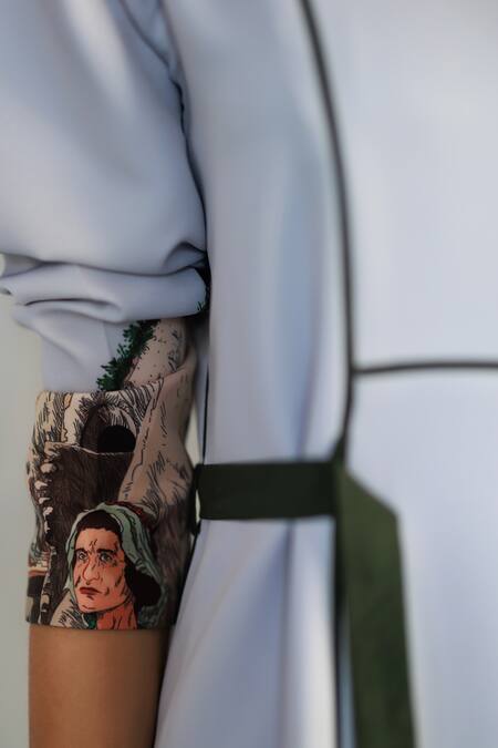 Anurag Gupta_Gray Crepe Collared Neolithic Printed Dress _Online_at_Aza_Fashions