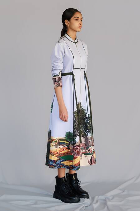 Buy_Anurag Gupta_Gray Crepe Collared Neolithic Printed Dress _Online_at_Aza_Fashions