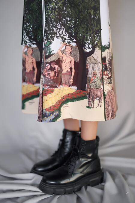 Shop_Anurag Gupta_Gray Crepe Collared Neolithic Printed Dress _Online_at_Aza_Fashions