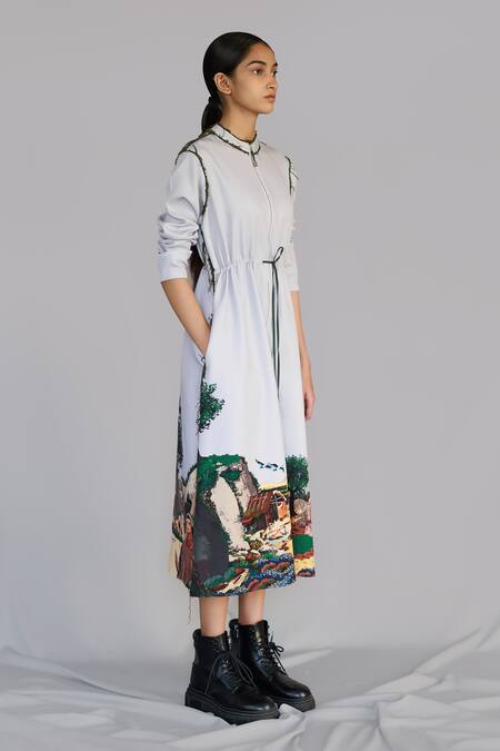 Anurag Gupta_Gray Crepe Round Neck Neolithic Long Dress _Online_at_Aza_Fashions