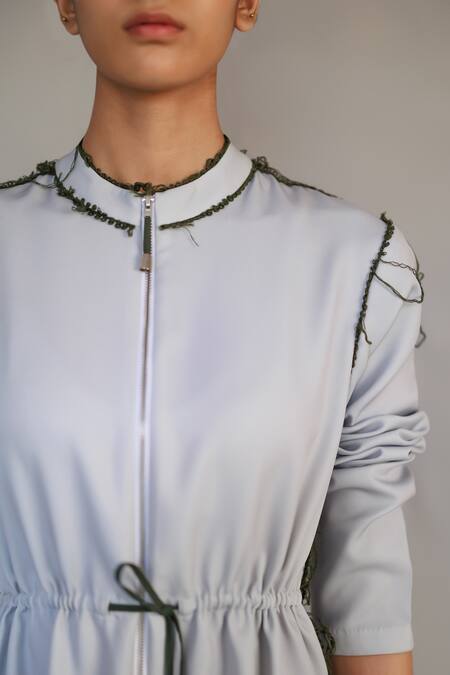 Buy_Anurag Gupta_Gray Crepe Round Neck Neolithic Long Dress _Online_at_Aza_Fashions