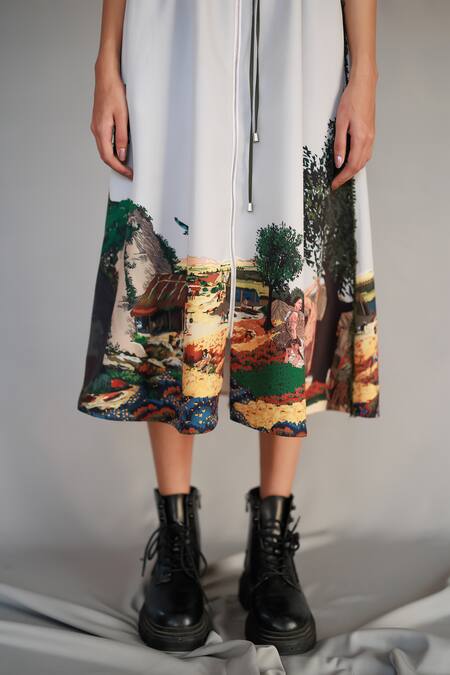 Shop_Anurag Gupta_Gray Crepe Round Neck Neolithic Long Dress _Online_at_Aza_Fashions