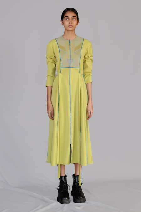 Anurag Gupta Yellow Crepe Round Neck Lime Knitted Panel Dress 