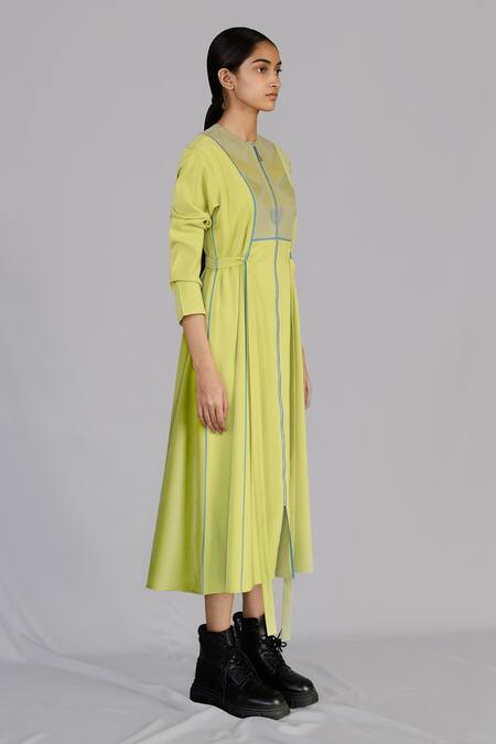 Anurag Gupta_Yellow Crepe Round Neck Lime Knitted Panel Dress _Online_at_Aza_Fashions