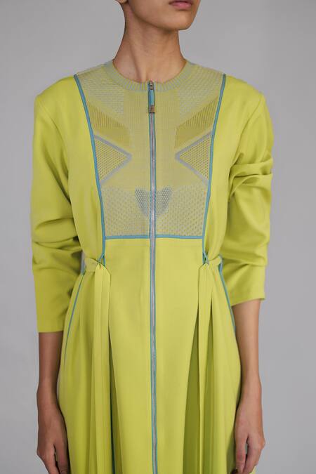 Buy_Anurag Gupta_Yellow Crepe Round Neck Lime Knitted Panel Dress _Online_at_Aza_Fashions