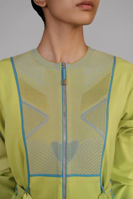 Shop_Anurag Gupta_Yellow Crepe Round Neck Lime Knitted Panel Dress _Online_at_Aza_Fashions