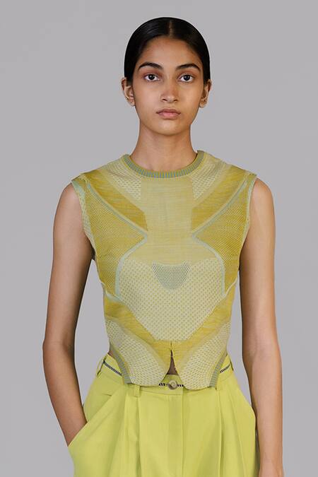 Buy_Anurag Gupta_Yellow Crepe Round Neck Lime Knitted Top Set _Online_at_Aza_Fashions