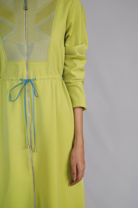 Anurag Gupta_Yellow Crepe Round Neck Lime Knitted Panel Long Dress _Online_at_Aza_Fashions