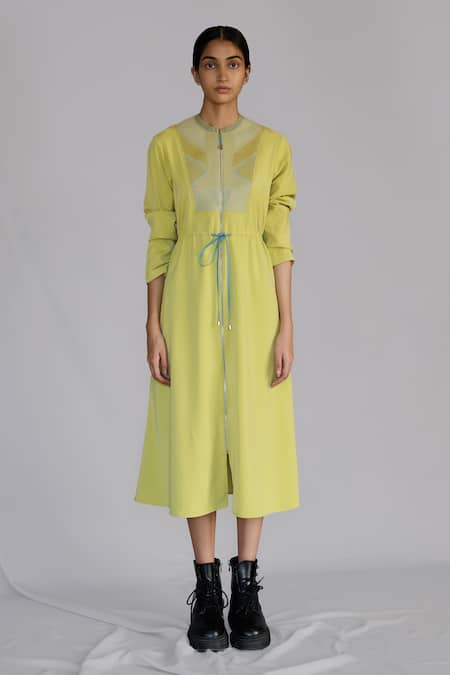 Buy_Anurag Gupta_Yellow Crepe Round Neck Lime Knitted Panel Long Dress _Online_at_Aza_Fashions