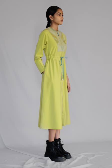 Shop_Anurag Gupta_Yellow Crepe Round Neck Lime Knitted Panel Long Dress _Online_at_Aza_Fashions