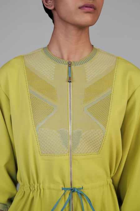 Anurag Gupta_Yellow Crepe Round Neck Lime Knitted Panel Long Dress _at_Aza_Fashions