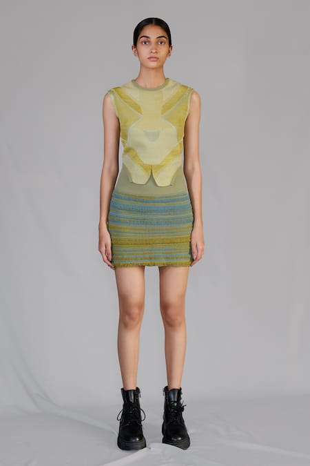 Anurag Gupta Yellow Knit, Silk Round Neck Lime Knitted Top And Skirt Set 