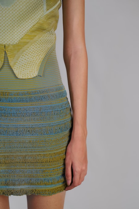 Buy_Anurag Gupta_Yellow Knit, Silk Round Neck Lime Knitted Top And Skirt Set _Online_at_Aza_Fashions