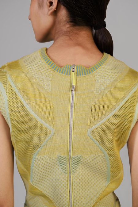 Anurag Gupta_Yellow Knit, Silk Round Neck Lime Knitted Top And Skirt Set _at_Aza_Fashions