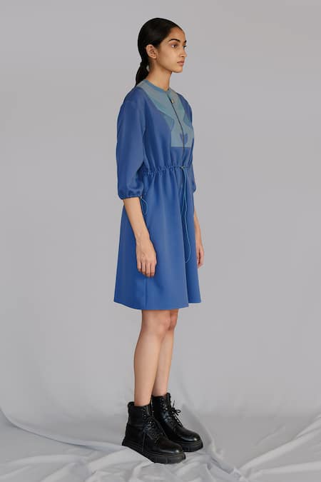 Anurag Gupta_Blue Crepe Round Neck Knitted Panel Dress _Online_at_Aza_Fashions