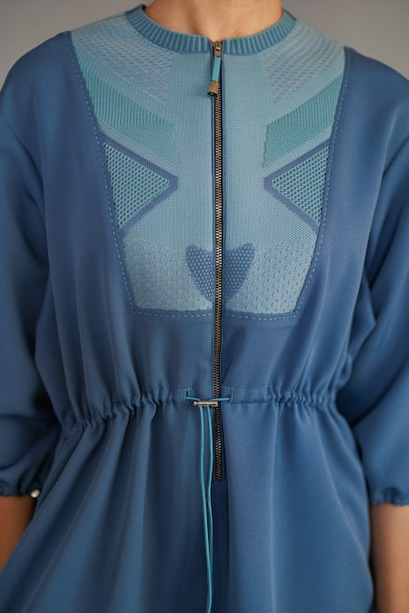 Buy_Anurag Gupta_Blue Crepe Round Neck Knitted Panel Dress _Online_at_Aza_Fashions