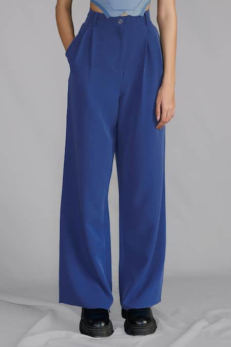 Anurag Gupta_Blue Crepe Round Neck Knitted Panel Top Set _Online_at_Aza_Fashions