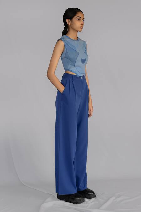 Buy_Anurag Gupta_Blue Crepe Round Neck Knitted Panel Top Set _Online_at_Aza_Fashions