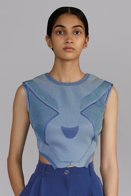 Shop_Anurag Gupta_Blue Crepe Round Neck Knitted Panel Top Set _Online_at_Aza_Fashions