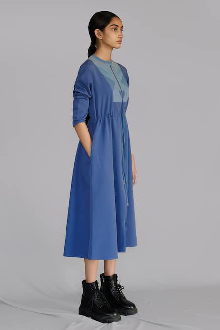Anurag Gupta_Blue Crepe Round Neck Knitted Panel Long Dress _Online_at_Aza_Fashions