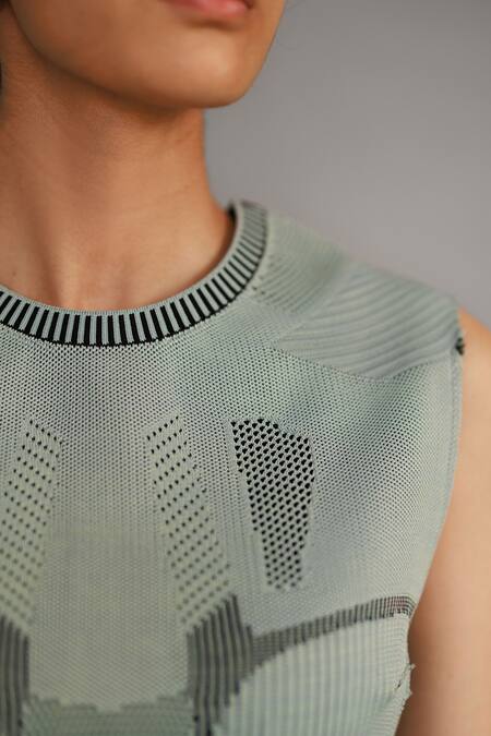 Anurag Gupta_Blue Silk Crew Neck Knitted Panel Top And Pant Set _Online_at_Aza_Fashions