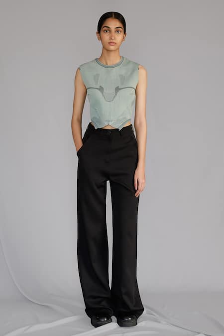 Anurag Gupta Blue Silk Crew Neck Knitted Panel Top And Pant Set 