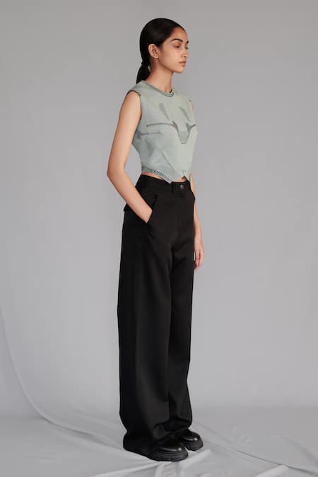 Shop_Anurag Gupta_Blue Silk Crew Neck Knitted Panel Top And Pant Set _Online_at_Aza_Fashions