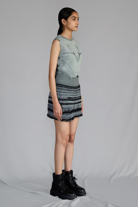 Anurag Gupta_Gray Silk Crew Neck Grey Knitted Panel Top And Skirt Set _Online_at_Aza_Fashions