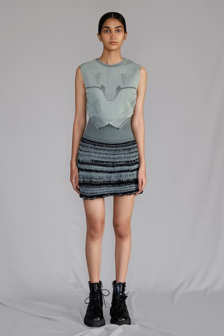 Anurag Gupta Gray Silk Crew Neck Grey Knitted Panel Top And Skirt Set 