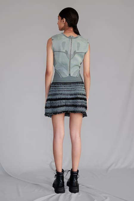 Anurag Gupta Grey Knitted Panel Top & Skirt Set 