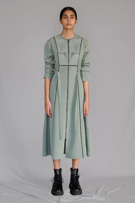 Anurag Gupta Gray Crepe Round Neck Knitted Panel Dress 