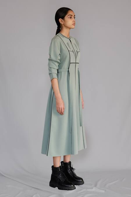 Anurag Gupta_Gray Crepe Round Neck Knitted Panel Dress _Online_at_Aza_Fashions