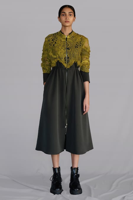 Anurag Gupta Yellow Crepe Embroidery Collared Map Long Dress 