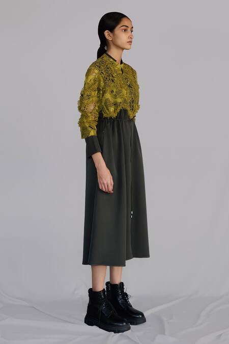 Anurag Gupta_Yellow Crepe Embroidery Collared Map Long Dress _Online_at_Aza_Fashions