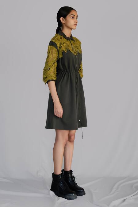 Anurag Gupta_Green Crepe Lace Collared Yellow Map Embroidery Short Dress _Online_at_Aza_Fashions