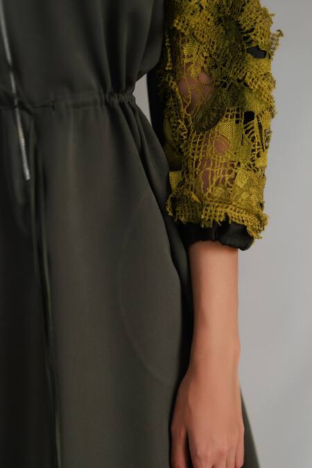 Buy_Anurag Gupta_Green Crepe Lace Collared Yellow Map Embroidery Short Dress _Online_at_Aza_Fashions