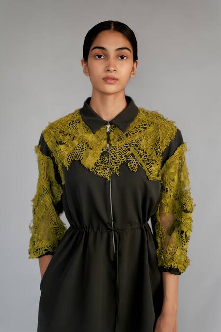 Shop_Anurag Gupta_Green Crepe Lace Collared Yellow Map Embroidery Short Dress _Online_at_Aza_Fashions