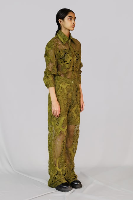 Anurag Gupta_Yellow Lace Embroidery Collared Map Shirt Pant _Online_at_Aza_Fashions