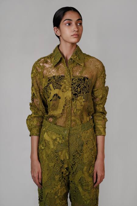 Buy_Anurag Gupta_Yellow Lace Embroidery Collared Map Shirt Pant _Online_at_Aza_Fashions