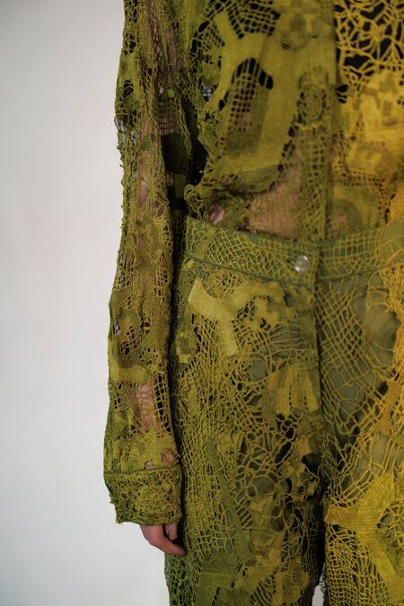 Shop_Anurag Gupta_Yellow Lace Embroidery Collared Map Shirt Pant _Online_at_Aza_Fashions