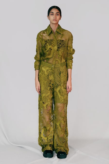 Anurag Gupta Yellow Lace Embroidery Collared Map Shirt Pant