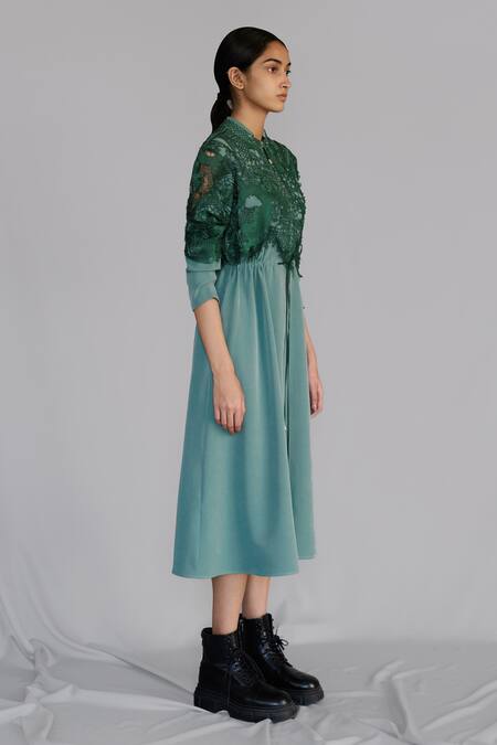 Anurag Gupta Green Crepe Lace Mandarin Collar Map Embroidery Long Dress Online at Aza Fashions Anurag Gupta_Green Crepe Lace Mandarin Collar Map Embroidery Long Dress _Online_at_Aza_Fashions