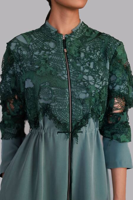 Buy Anurag Gupta Green Crepe Lace Mandarin Collar Map Embroidery Long Dress Online at Aza Fashions Buy_Anurag Gupta_Green Crepe Lace Mandarin Collar Map Embroidery Long Dress _Online_at_Aza_Fashions