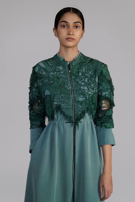 Shop Anurag Gupta Green Crepe Lace Mandarin Collar Map Embroidery Long Dress Online at Aza Fashions Shop_Anurag Gupta_Green Crepe Lace Mandarin Collar Map Embroidery Long Dress _Online_at_Aza_Fashions
