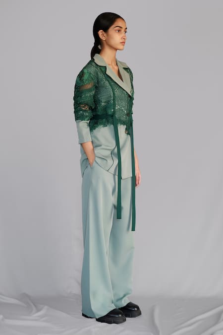 Anurag Gupta_Green Crepe, Cotton Lace Map Embroidery Coat Set _Online_at_Aza_Fashions