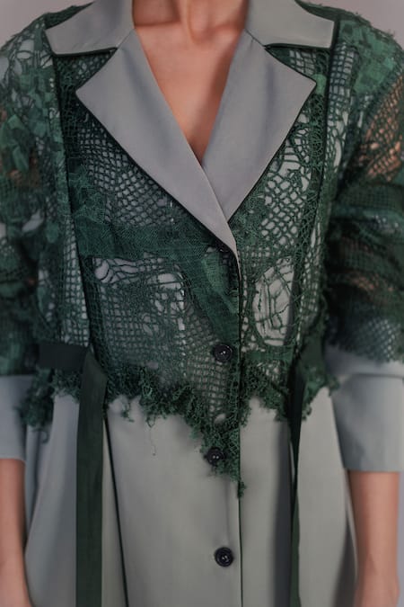 Buy_Anurag Gupta_Green Crepe, Cotton Lace Map Embroidery Coat Set _Online_at_Aza_Fashions