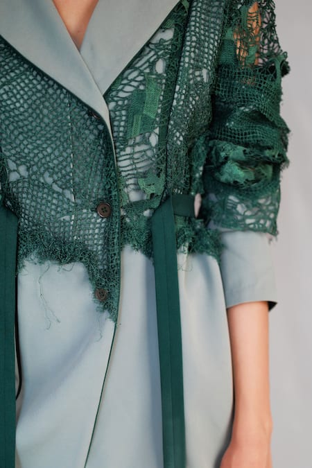 Shop_Anurag Gupta_Green Crepe, Cotton Lace Map Embroidery Coat Set _Online_at_Aza_Fashions