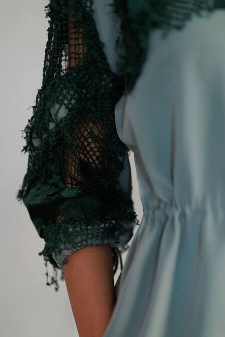 Anurag Gupta_Green Crepe Embroidery Collared Map Short Dress _Online_at_Aza_Fashions