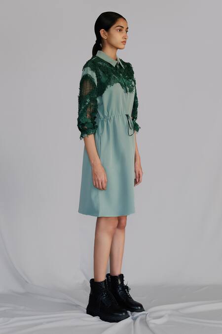 Buy_Anurag Gupta_Green Crepe Embroidery Collared Map Short Dress _Online_at_Aza_Fashions