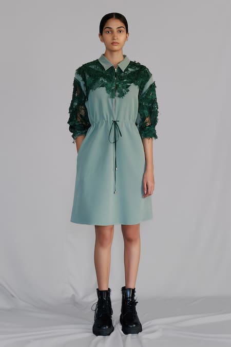 Anurag Gupta Green Crepe Embroidery Collared Map Short Dress